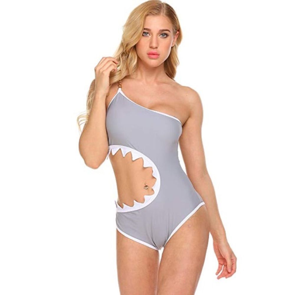 Kawaii Babe Shark Jaws Gray and White One-Piece Cut Out Swimsuit | Women’s M